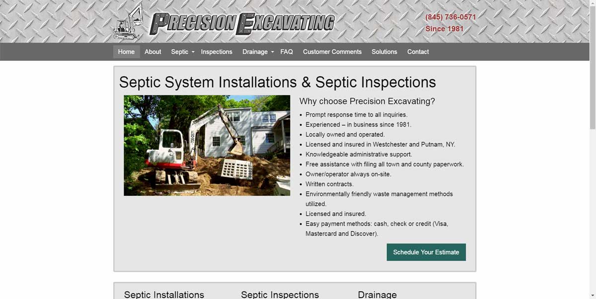 Precision Excavating Septic Services Website